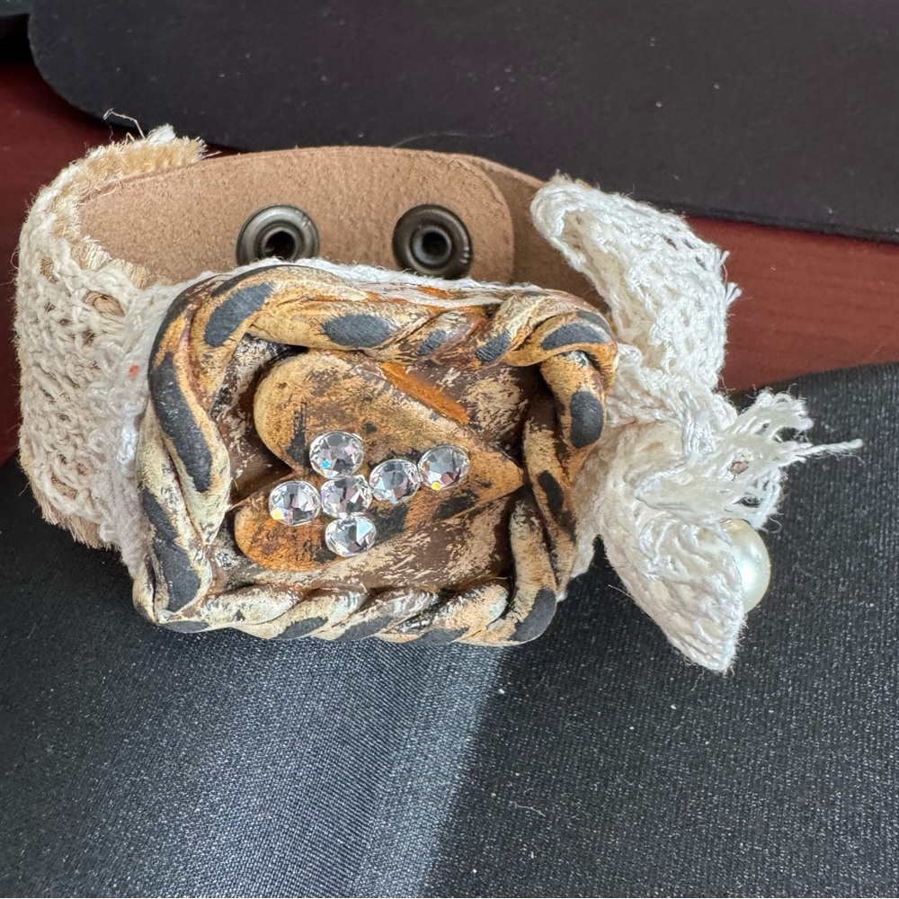 Bohemian Lace and Leather Bracelet w/ Pearl & Silver Heart Accents